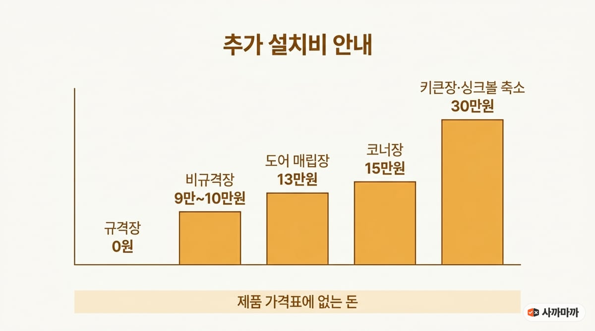 싱크대 구조별 식기세척기 설치 추가 비용 막대 인포그래픽, 규격장 0원·비규격장 9만~10만원·도어 매립장 13만원·코너장 15만원·키큰장과 싱크볼 축소 30만원