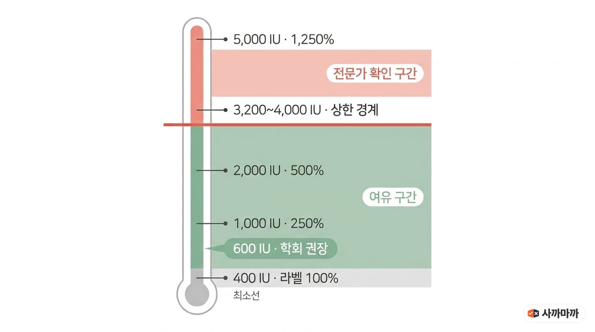 비타민D 섭취량을 세로 눈금으로 표시한 인포그래픽. 400IU 최소선부터 3200~4000IU 상한 경계까지