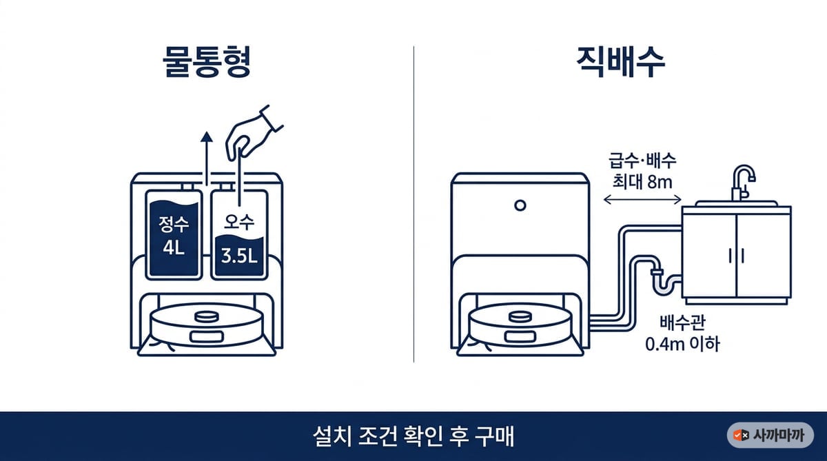 물통형과 직배수형 로봇청소기 스테이션의 물 처리 구조를 비교한 인포그래픽