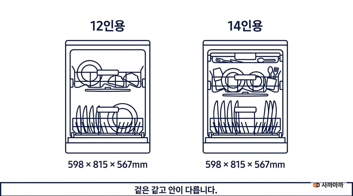12인용과 14인용 식기세척기의 외형 치수가 598×815×567mm로 같고 내부 선반 구성만 다름을 보여주는 인포그래픽