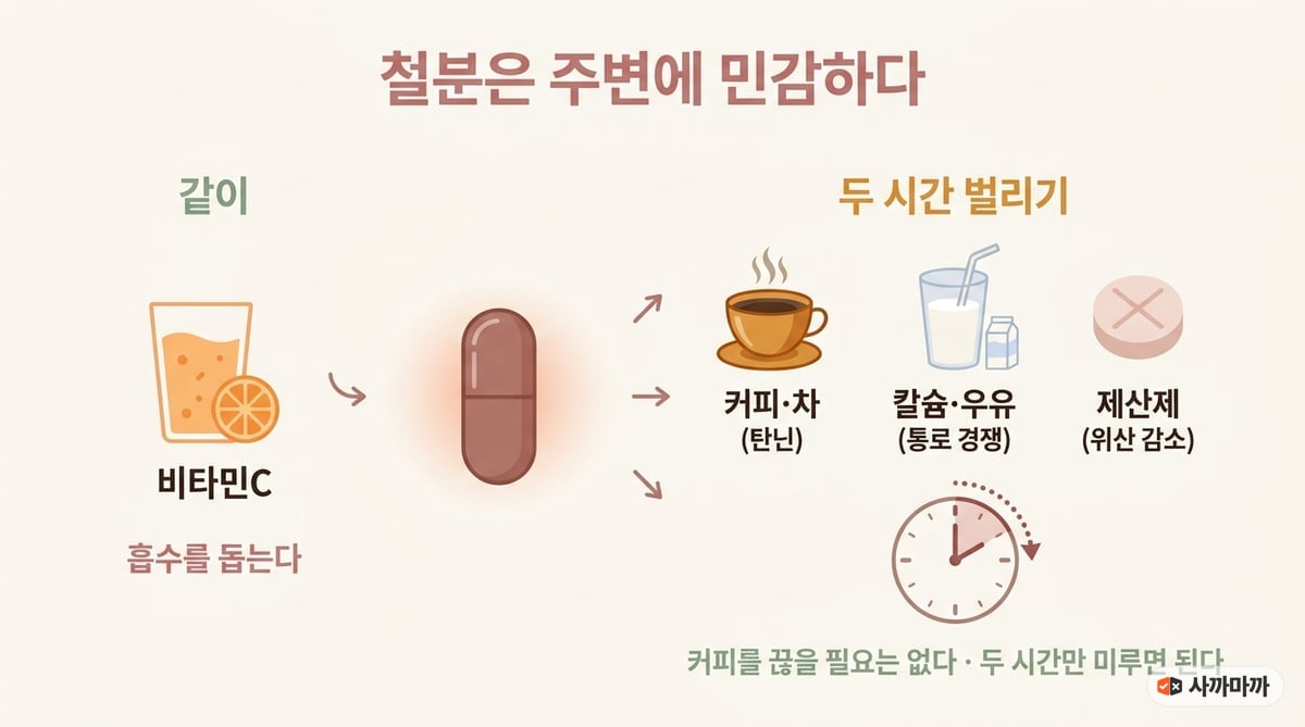 철분제와 같이 먹으면 좋은 것과 시간을 벌려야 하는 것을 정리한 인포그래픽