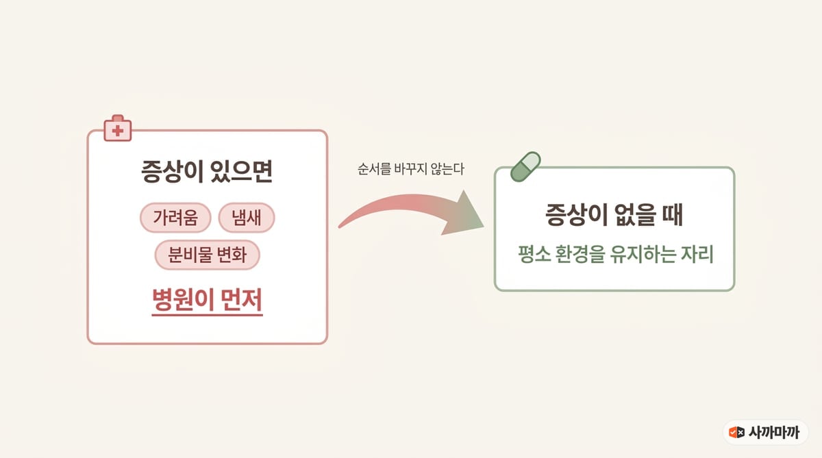 증상이 있을 때와 없을 때의 순서를 정리한 인포그래픽