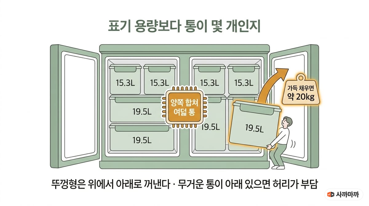 김치냉장고 저장용기 구성과 통 무게를 표시한 인포그래픽