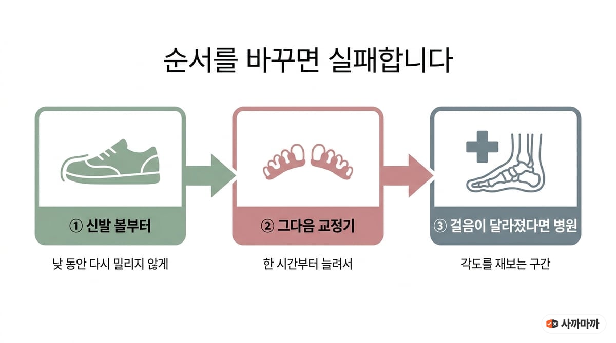 신발, 교정기, 병원 순서를 정리한 3단계 인포그래픽