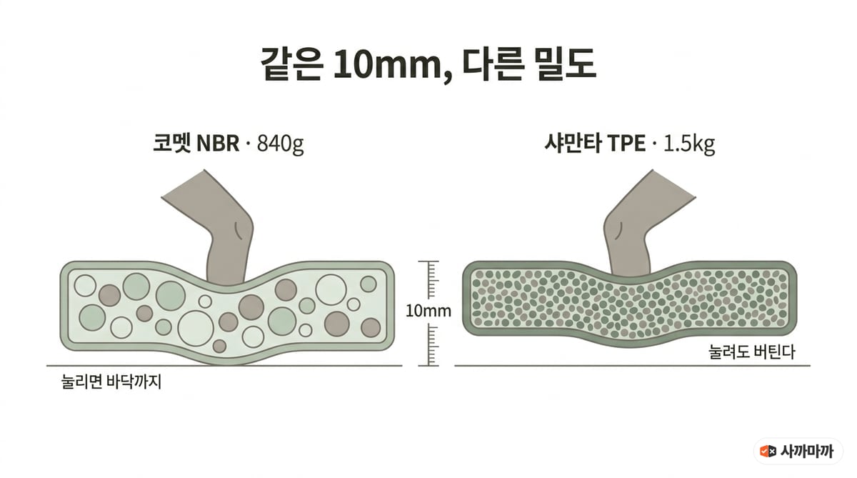 같은 10mm 두께의 NBR 매트와 TPE 매트 단면을 비교한 인포그래픽