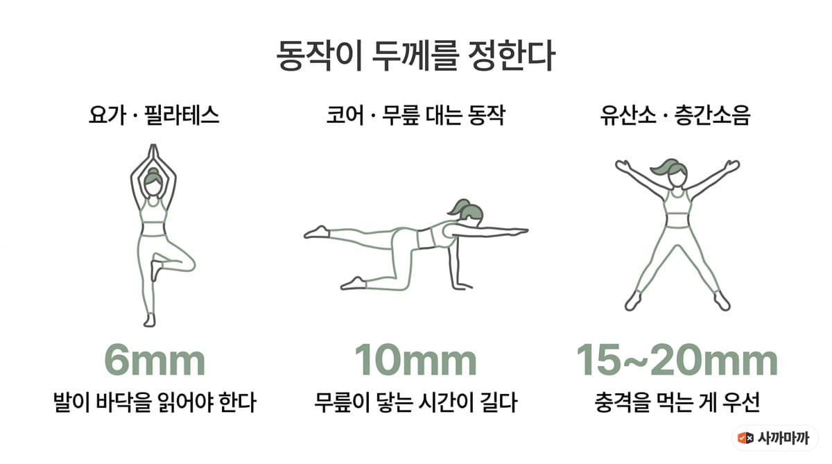 운동 종류별 적정 요가매트 두께를 정리한 인포그래픽