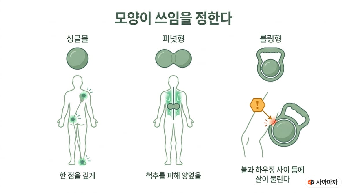 싱글볼·피넛형·롤링형 마사지볼의 형태별 쓰임을 비교한 인포그래픽