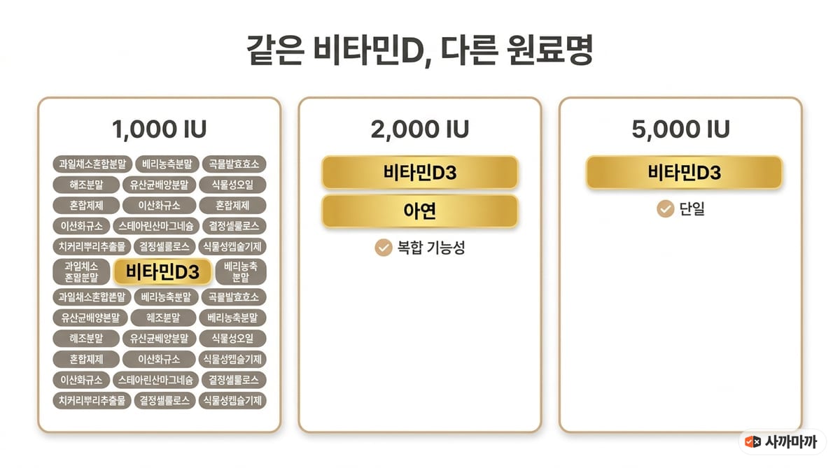1000·2000·5000 IU 비타민D 제품의 원료명 구성을 비교한 인포그래픽