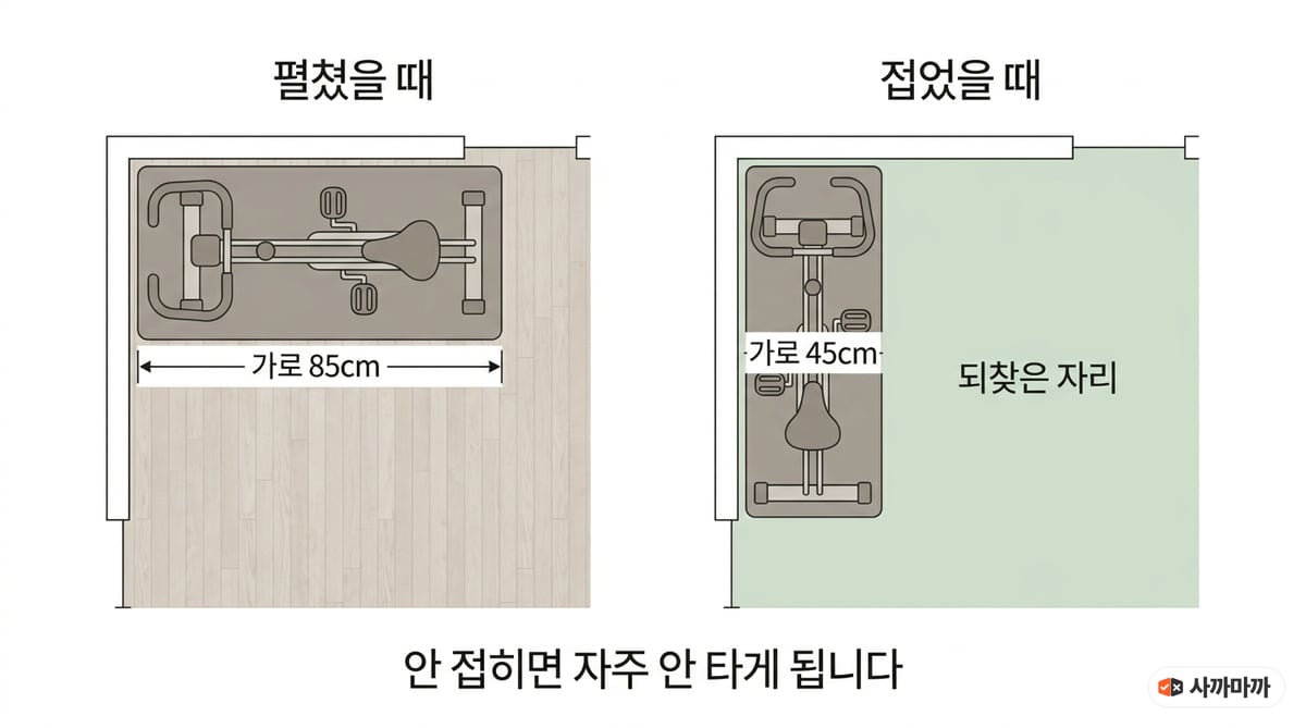 실내자전거를 펼쳤을 때와 접었을 때 차지하는 바닥 면적을 비교한 평면도 인포그래픽
