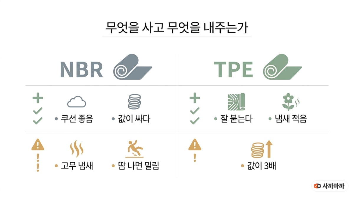 NBR 소재와 TPE 소재의 장단점을 비교한 인포그래픽