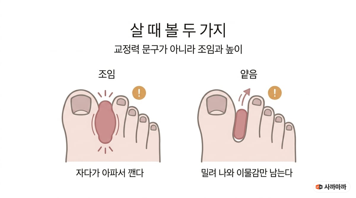 교정기가 조이거나 얕아서 실패하는 두 가지 경우를 그린 인포그래픽