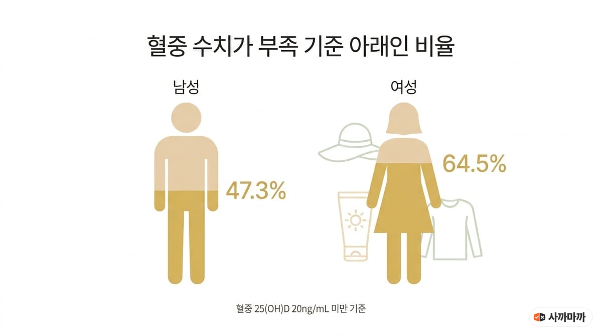 한국 성인 남녀의 비타민D 부족 비율을 비교한 인포그래픽. 남성 47.3퍼센트, 여성 64.5퍼센트