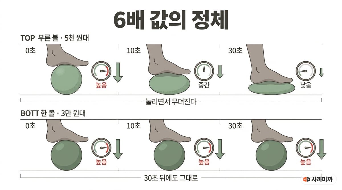 무른 볼과 단단한 볼이 30초 동안 눌릴 때 압력이 어떻게 달라지는지 비교한 인포그래픽