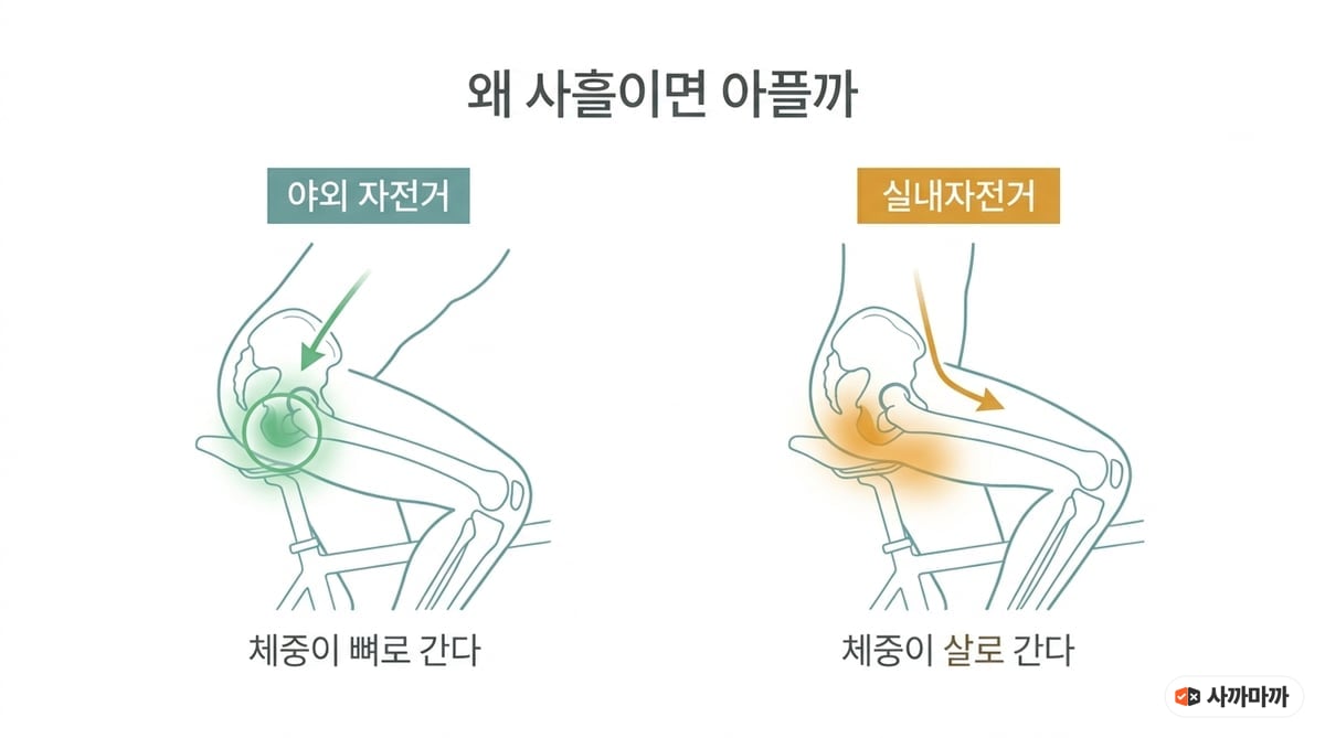 야외 자전거와 실내자전거에서 체중이 실리는 지점이 어떻게 달라지는지 비교한 인포그래픽