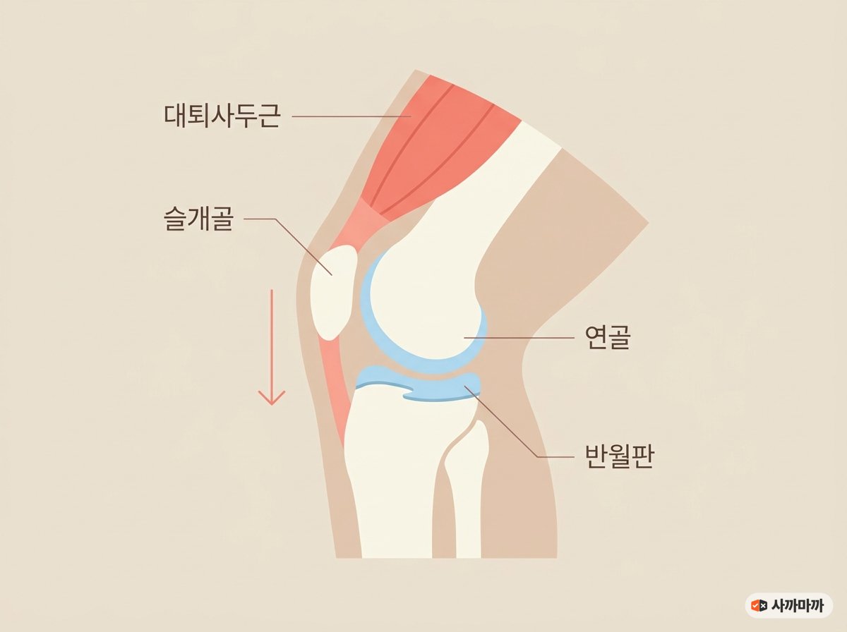 무릎 관절 구조 인포그래픽. 대퇴사두근, 슬개골, 연골, 반월판의 위치와 하산 시 아래로 실리는 하중을 표시한 단면 일러스트