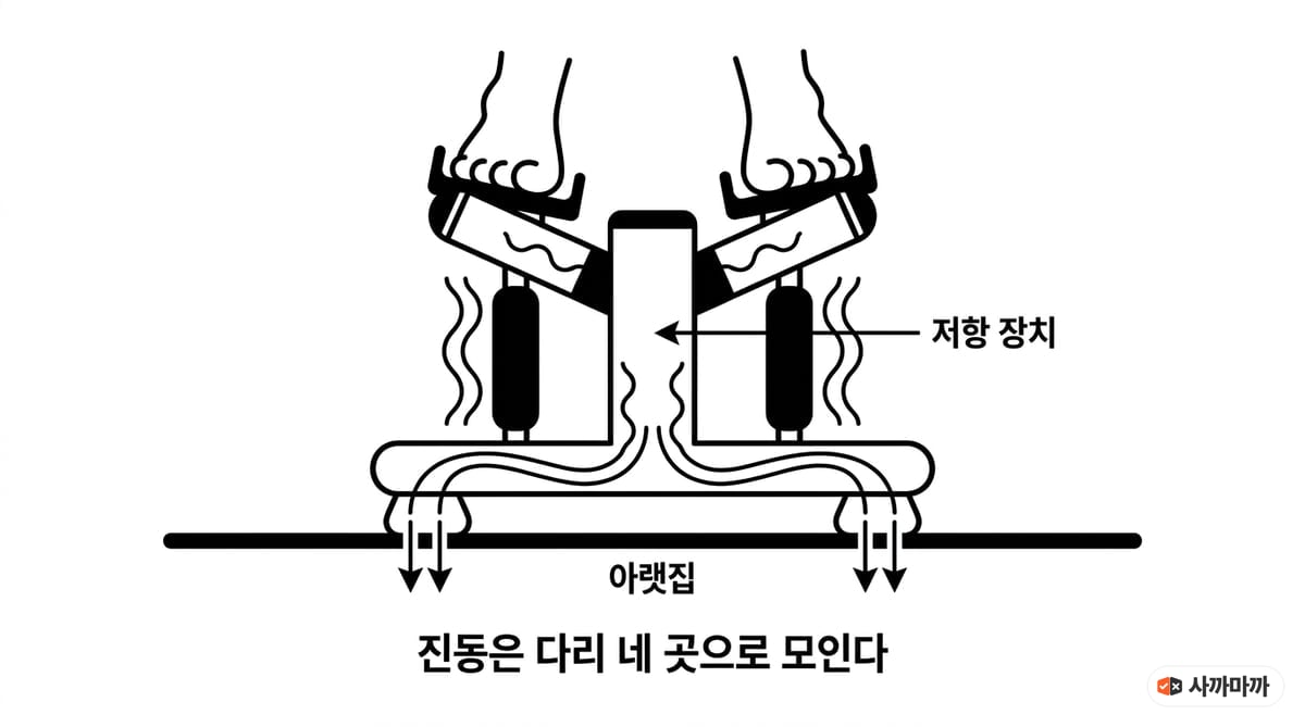 스텝퍼의 저항 장치에서 생긴 진동이 프레임을 타고 다리 네 곳으로 모여 아래층으로 전달되는 경로를 그린 도해