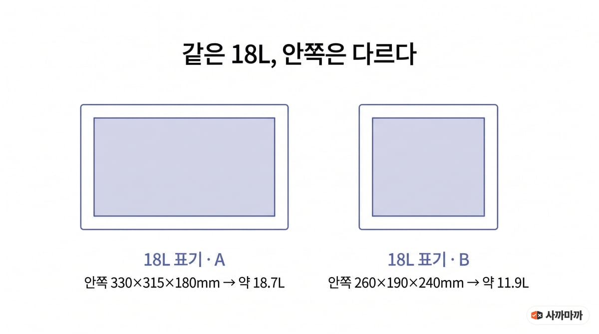 18L로 표기된 오븐형 에어프라이어 두 제품의 안쪽 치수 비교: A는 330×315×180mm로 약 18.7L, B는 260×190×240mm로 약 11.9L
