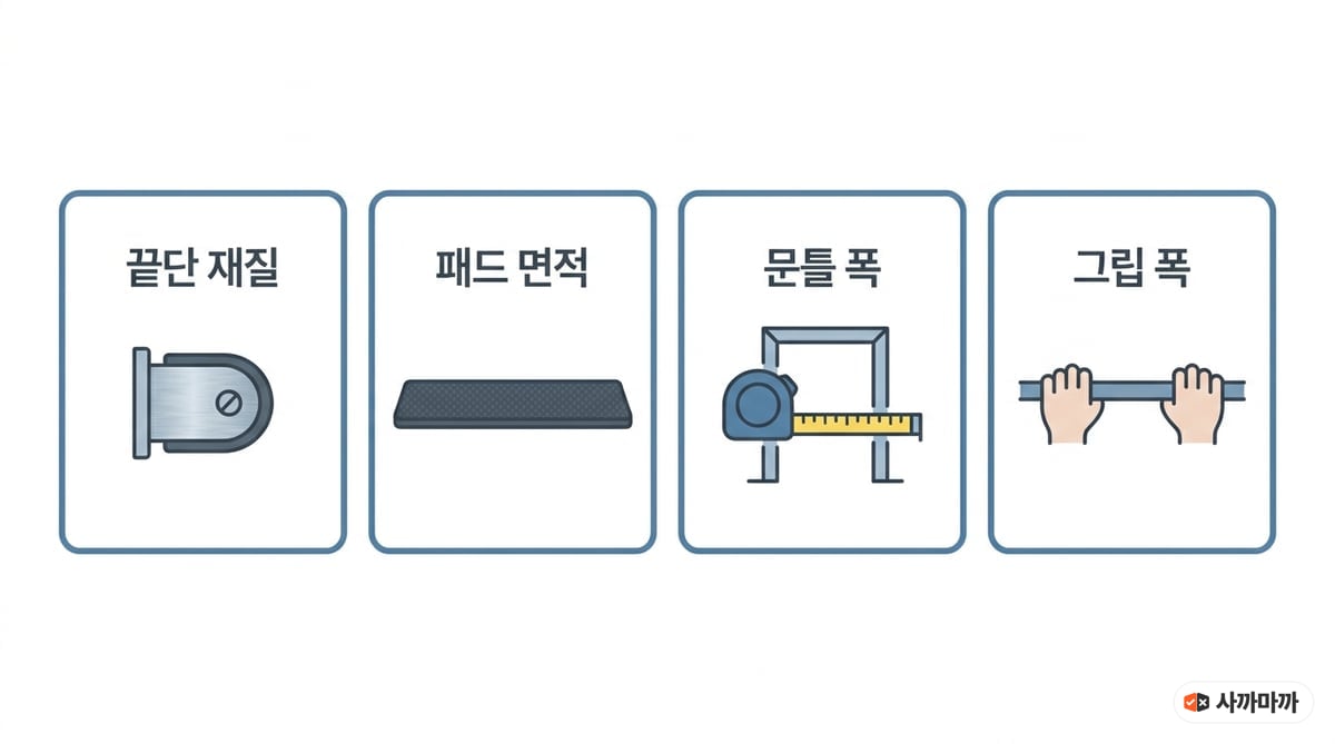 문틀철봉 확인 항목 네 가지를 카드로 정리한 도해. 끝단 재질, 패드 면적, 문틀 폭, 그립 폭