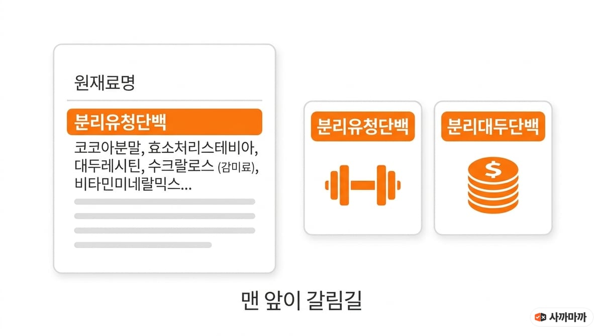 프로틴 원재료명 표기에서 맨 앞 원료가 분리유청단백인 경우와 분리대두단백인 경우를 비교한 도해