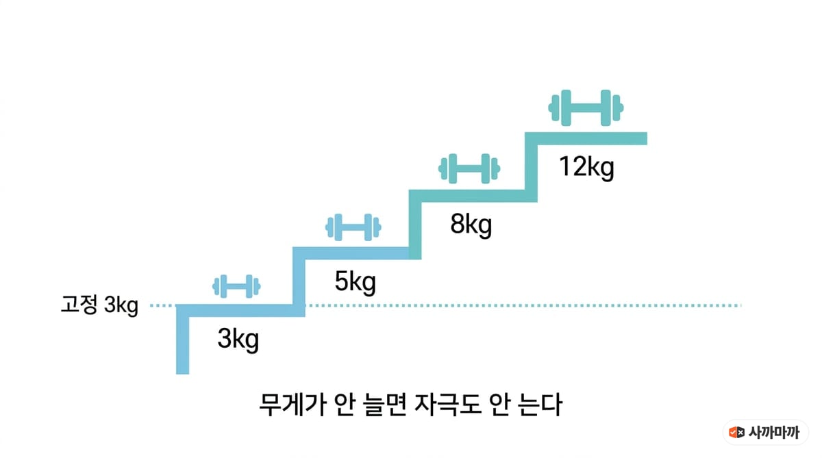 3kg에서 12kg까지 계단처럼 올라가는 덤벨 무게와 3kg에 머무는 점선을 비교해 점진적 과부하를 보여주는 도해