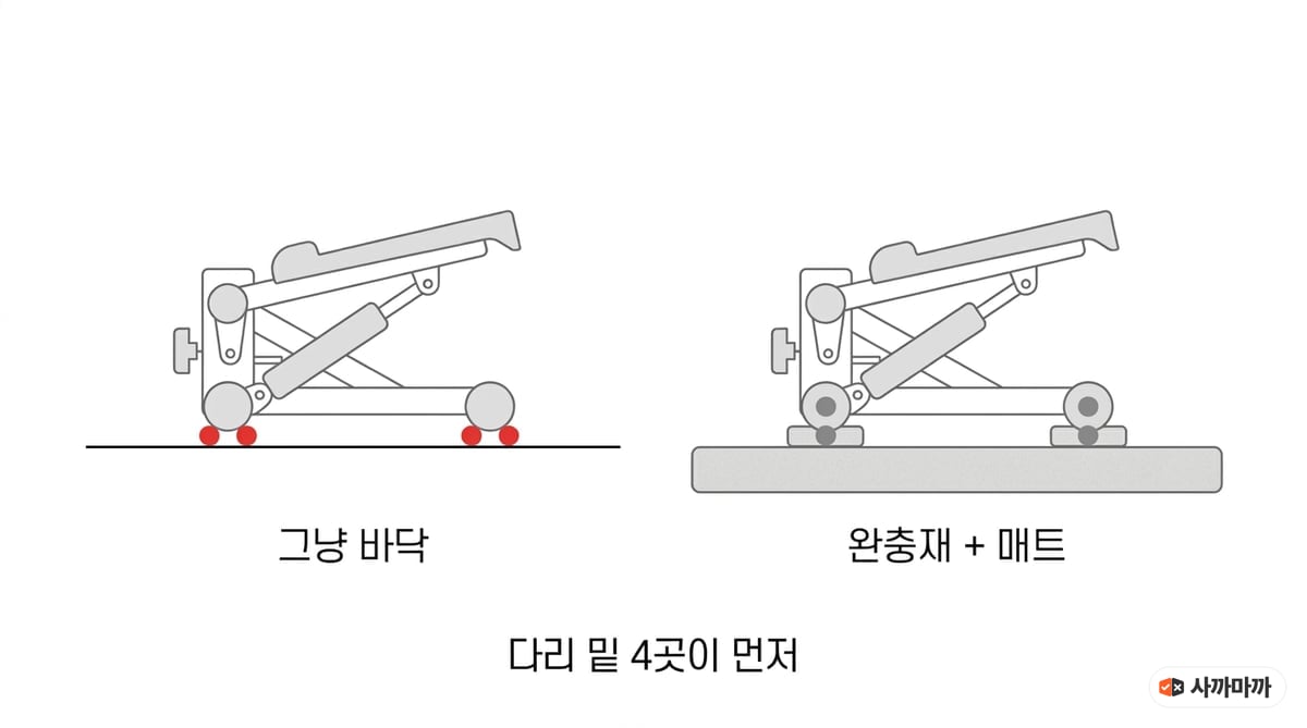 맨바닥에 놓인 스텝퍼와 다리 밑 완충 패드에 매트까지 겹친 스텝퍼를 비교한 도해