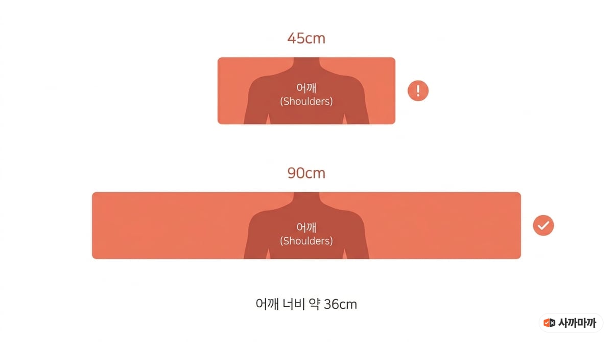 어깨 너비 약 36cm를 기준으로 45cm 폼롤러는 양옆 여유가 거의 없고 90cm는 여유가 넉넉한 것을 비교한 도해