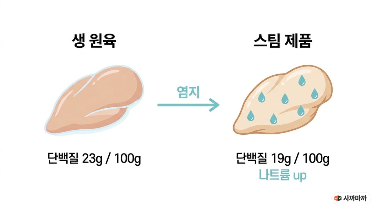 생 닭가슴살 100g당 단백질 23g이 염지를 거치면서 스팀 제품 19g으로 내려가고 나트륨은 올라가는 과정을 그린 도해