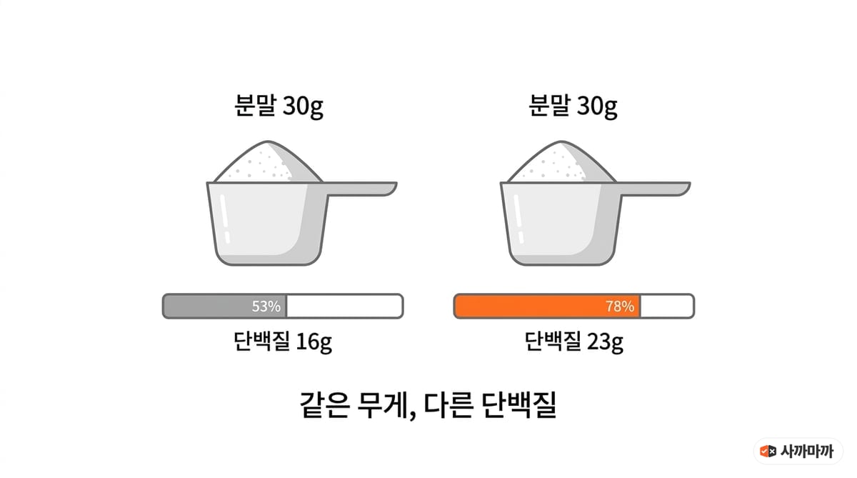 분말 30g 두 스쿱이 각각 단백질 16g(53%)과 23g(78%)을 담고 있음을 막대로 비교한 도해