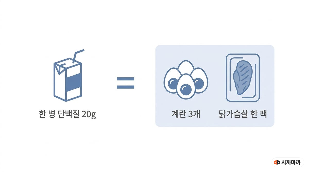 단백질 음료 한 병의 단백질 20g이 삶은 계란 3개와 닭가슴살 한 팩에 맞먹는다는 것을 보여주는 도해