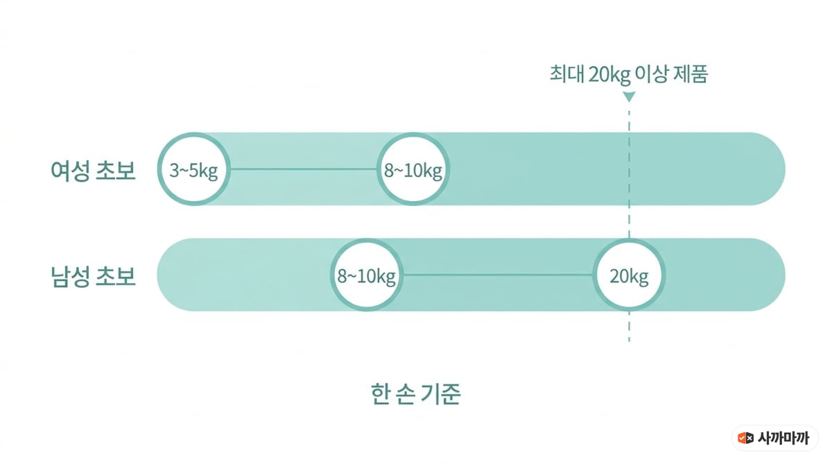 여성 초보 3~5kg에서 8~10kg, 남성 초보 8~10kg에서 20kg까지 한 손 기준 시작 무게 범위를 보여주는 도해