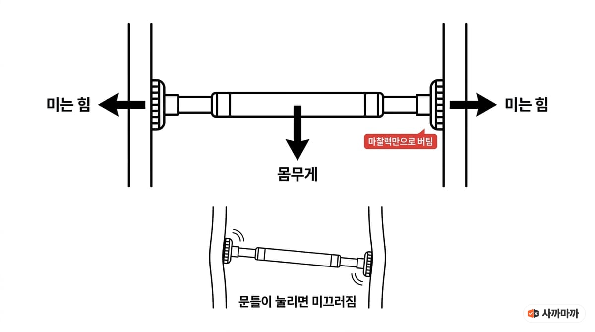 문틀철봉 단면도. 양 끝 패드가 문틀을 미는 힘과 가운데 몸무게가 아래로 걸리는 방향, 문틀이 눌리면 봉이 미끄러지는 구조를 그린 도해