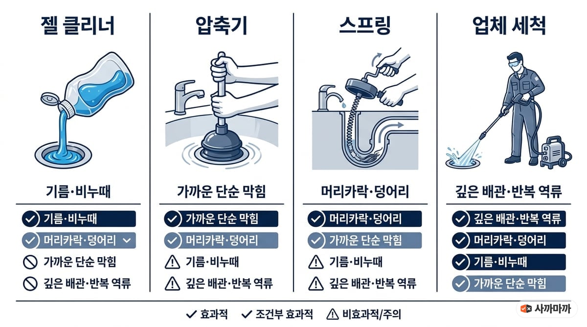 젤 클리너·압축식 뚫어뻥·배관 스프링·업체 고압세척을 막힘 종류별로 비교한 표