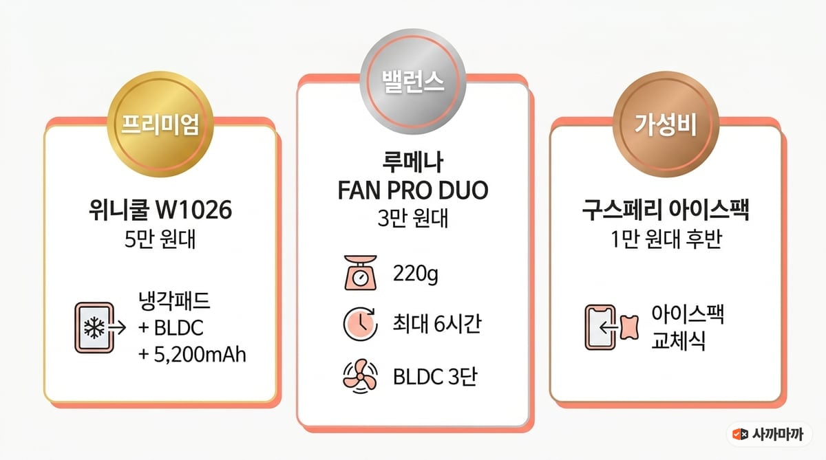 넥풍기 가격대별 3단계 비교 인포그래픽 — 프리미엄 위니쿨 W1026 5만 원대, 밸런스 루메나 FAN PRO DUO 3만 원대, 가성비 구스페리 아이스팩 1만 원대 후반