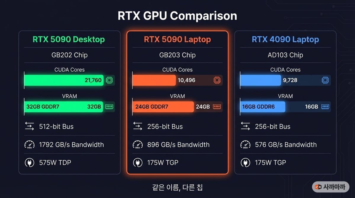 RTX 5090 Desktop vs RTX 5090 Laptop vs RTX 4090 Laptop GPU 스펙 비교 인포그래픽