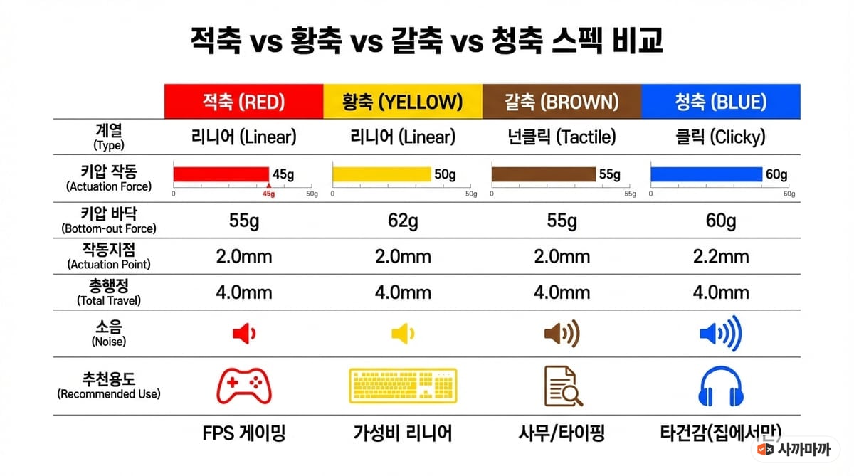 적축 갈축 황축 청축 키압 소음 반응속도 비교 인포그래픽