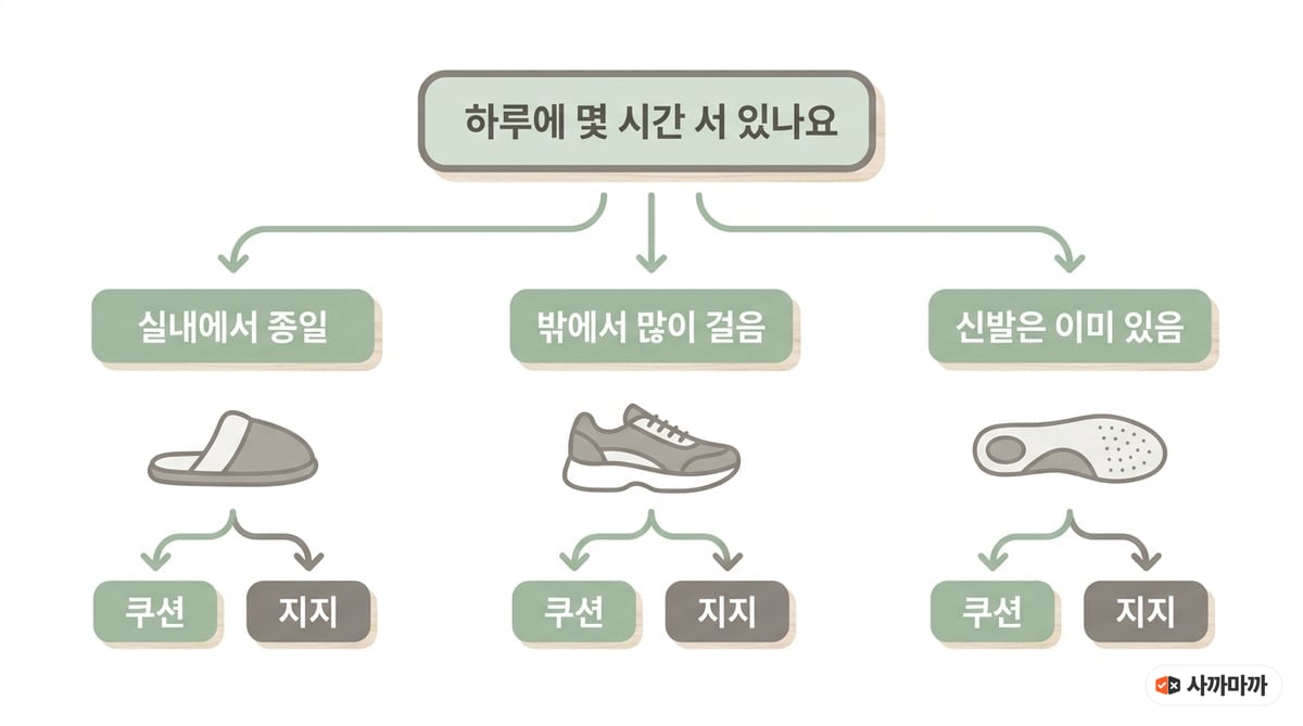 족저근막염 신발 선택 결정 트리 — 실내 종일이면 슬리퍼, 밖에서 많이 걸으면 운동화, 신발이 멀쩡하면 깔창으로 갈라지는 흐름도