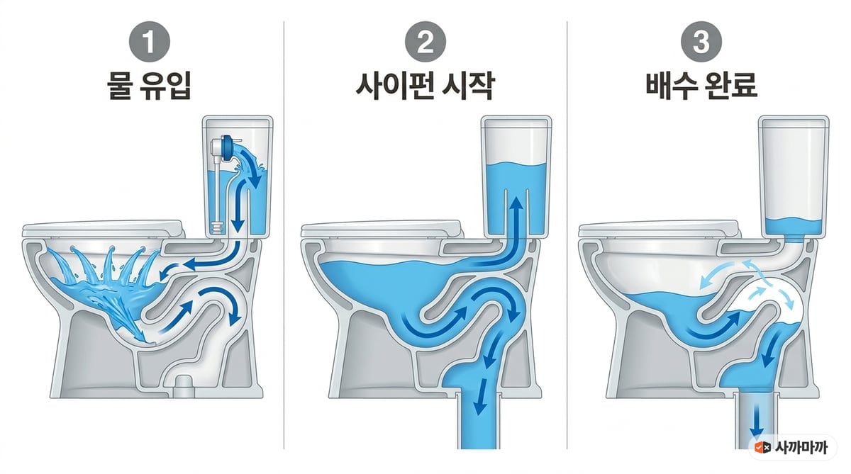 물이 유입되고 사이펀이 시작돼 배수가 끝나는 양변기 작동 원리