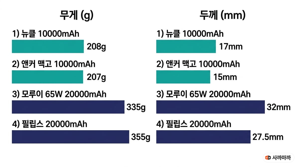 뉴클 10000mAh 208g 17mm, 앤커 맥고 10000mAh 207g 15mm, 모루이 65W 20000mAh 335g 32mm, 필립스 20000mAh 355g 27.5mm 크기 비교