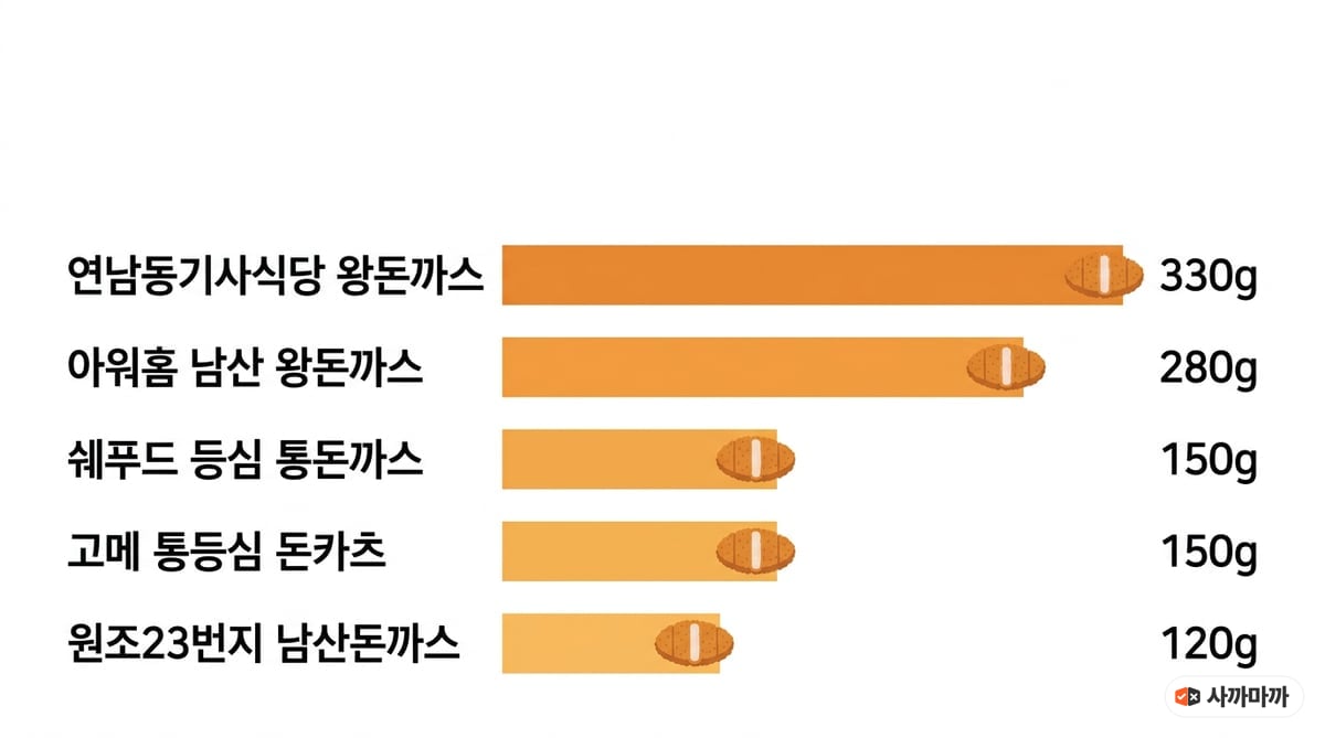 냉동 돈까스 5종의 한 장 무게 비교 막대그래프: 연남동기사식당 왕돈까스 330g, 아워홈 남산 왕돈까스 280g, 쉐푸드 등심 통돈까스 150g, 고메 통등심 돈카츠 150g, 원조23번지 남산돈까스 120g