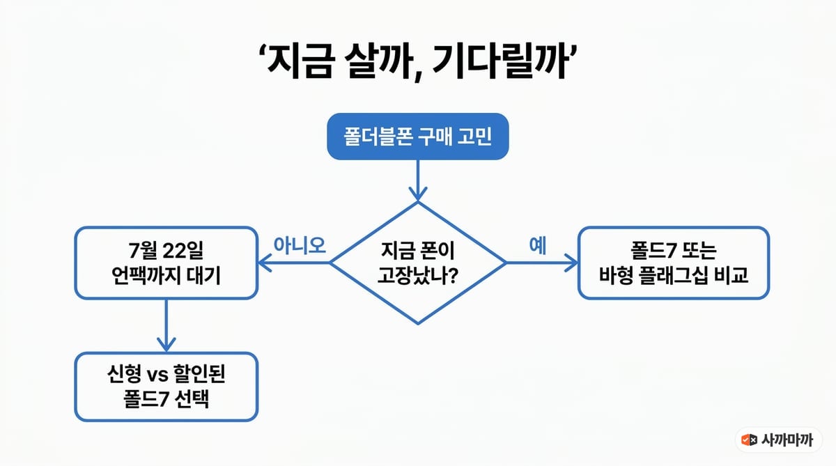 폴더블폰 구매 결정 플로차트 — 지금 폰이 고장났다면 폴드7 또는 바형 플래그십 비교, 아니라면 7월 22일 언팩까지 대기 후 신형과 할인된 폴드7 중 선택