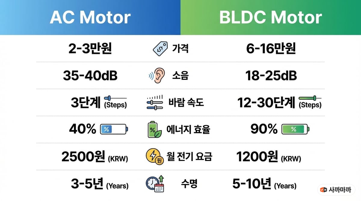 AC모터 vs BLDC모터 서큘레이터 비교 인포그래픽. 가격, 소음, 풍량 단계, 에너지 효율, 월 전기세, 수명 항목 비교
