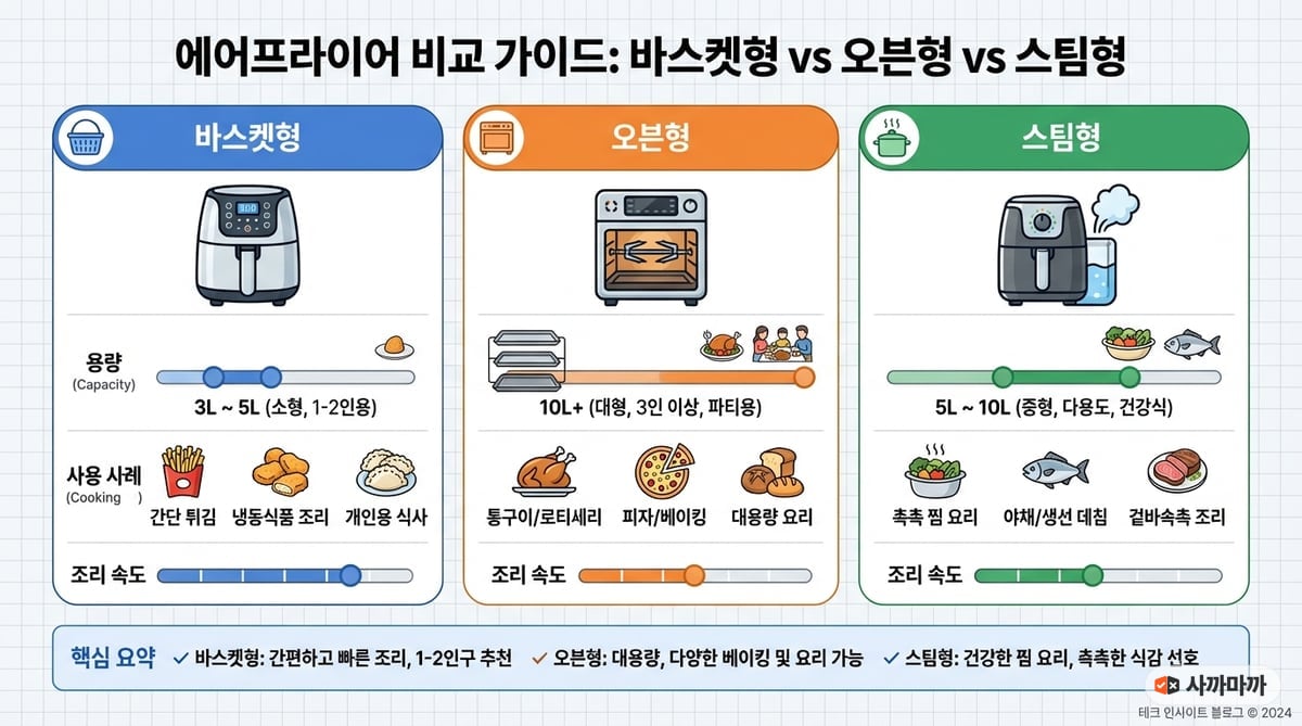 바스켓형, 오븐형, 스팀형 에어프라이어의 용량과 용도를 비교한 인포그래픽