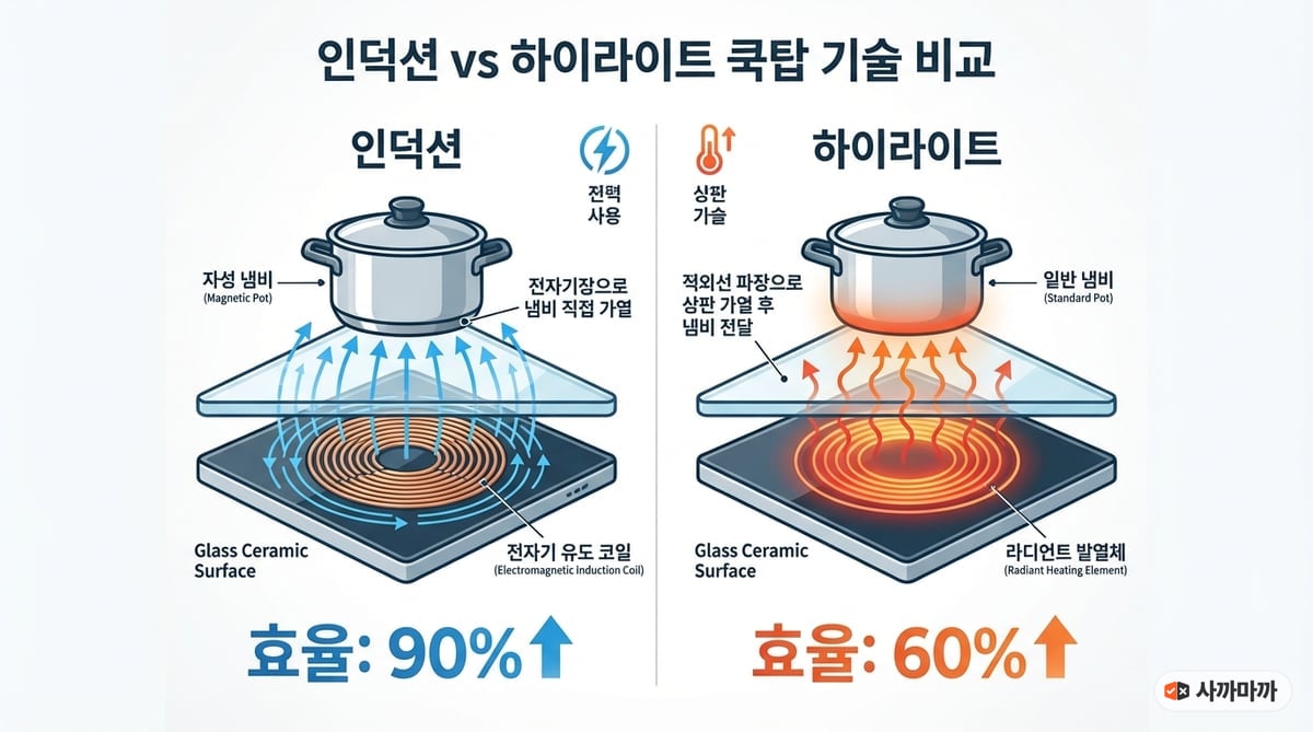 인덕션과 하이라이트의 작동 원리 비교 인포그래픽 — 전자기장 방식과 적외선 복사열 방식의 구조 차이를 도식으로 설명