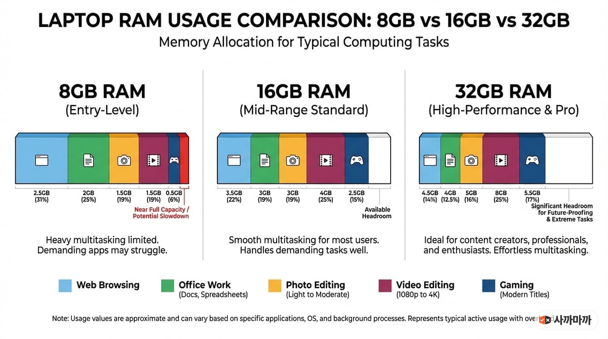 노트북 RAM 8GB, 16GB, 32GB 용량별 메모리 사용량을 색상 코드 막대그래프로 비교하는 인포그래픽
