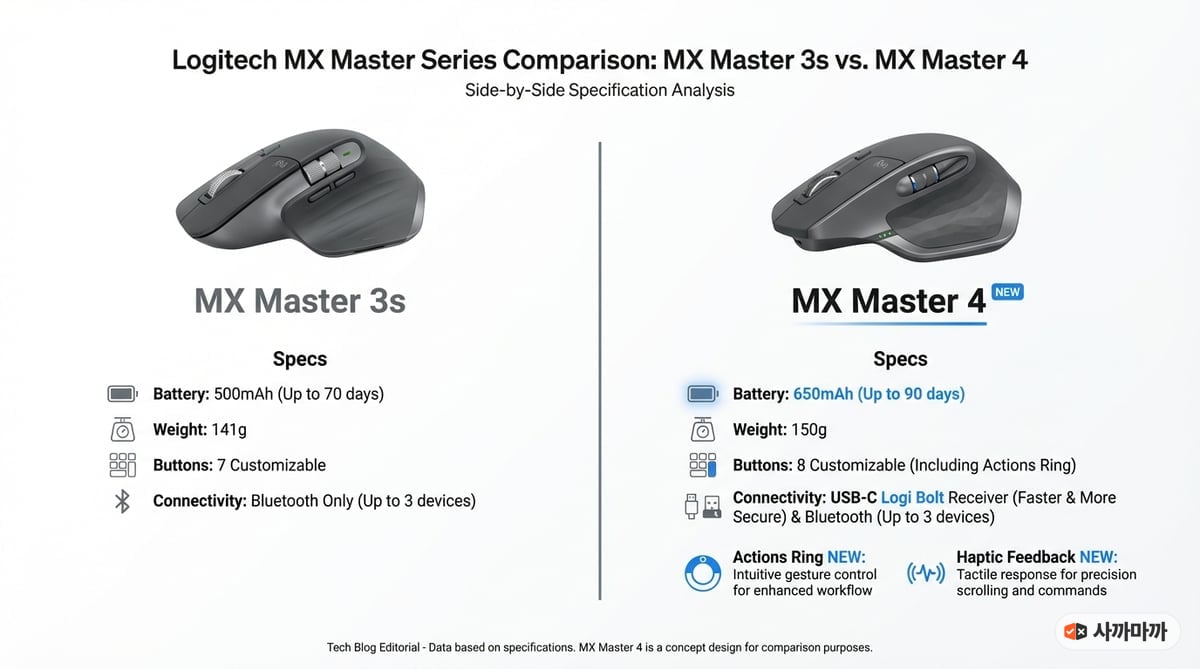 MX Master 3s와 MX Master 4의 주요 스펙을 시각적으로 비교한 인포그래픽