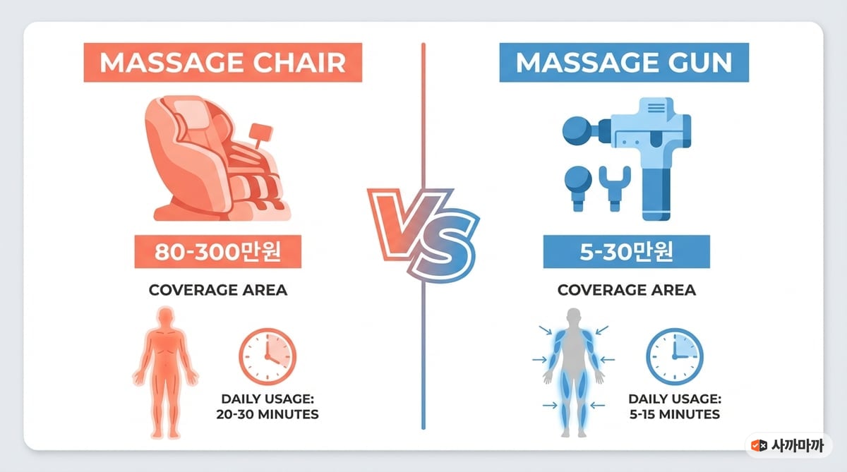 안마의자와 마사지건의 가격, 적용 부위, 사용 시간을 비교하는 인포그래픽