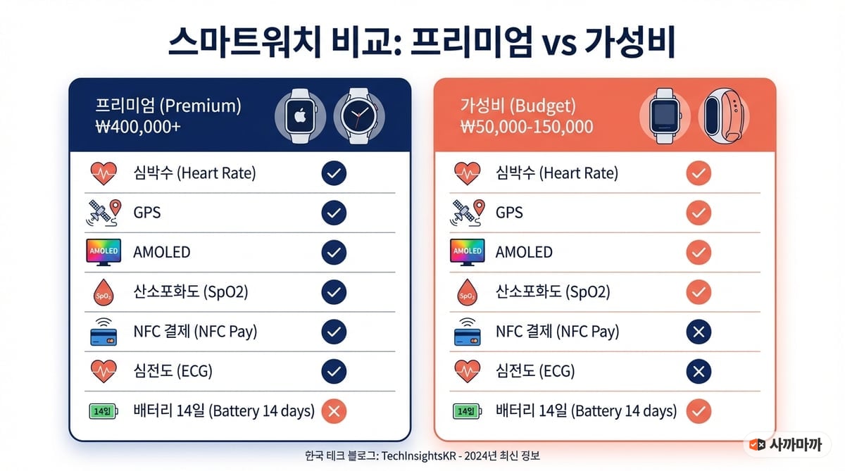 프리미엄(40만원 이상)과 가성비(5~15만원) 스마트워치의 기능별 지원 여부를 체크마크로 비교하는 인포그래픽