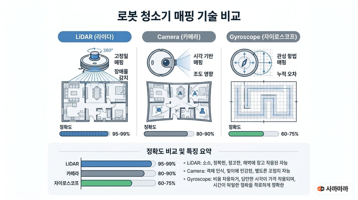 로봇청소기 매핑 기술 LiDAR vs 카메라 vs 자이로스코프 비교 인포그래픽. 각 기술이 방 평면도를 그리는 방식과 정확도를 시각화