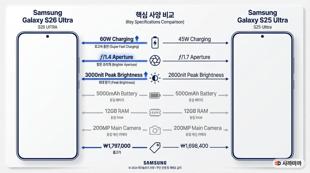 갤럭시 S26 Ultra vs S25 Ultra 핵심 스펙 비교 인포그래픽 — 충전 60W vs 45W, 카메라 f/1.4 vs f/1.7, 배터리 동일 5000mAh