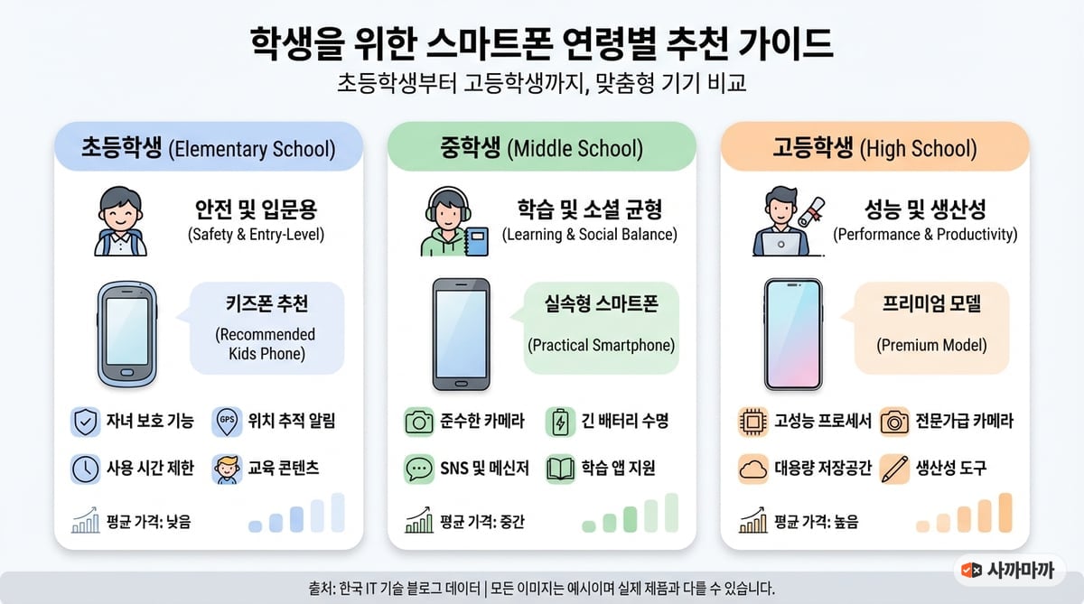 초등학생부터 고등학생까지 연령대별 추천 스마트폰을 비교하는 인포그래픽